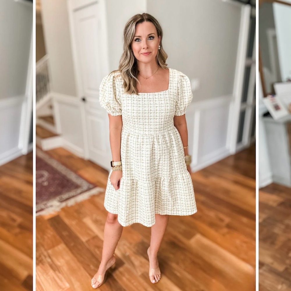 NWT Simply Southern Tweed Elegant Cream Puff Sleeve A Line Dress Size S NEW!